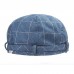 Men Denim Plaid Pattern Sunshade Short Brim Casual Vintage Forward Hats Beret Flat Caps
