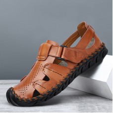 Men Breathable Hollow Out Cowhide Leather Close Toes Sandals