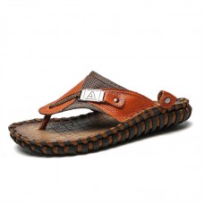 Men Light Weight Cowhide Leather Outdoor Beach Flip Flop Sandals